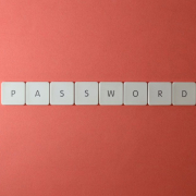 Focus on password security with white keyboard tiles spelling ‘PASSWORD’ on a coral background. Focus on password security with white keyboard tiles spelling 'PASSWORD' on a coral background.